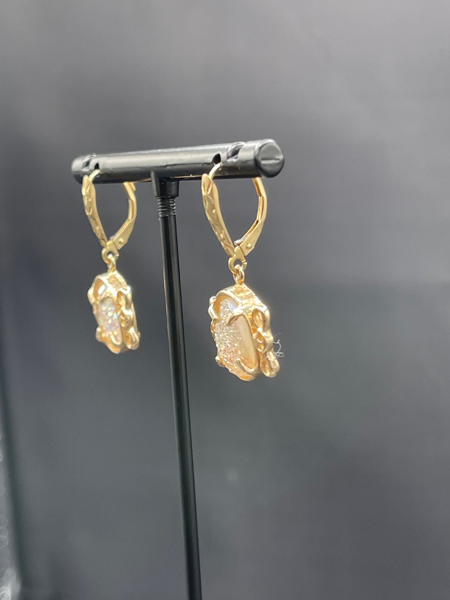 White Druzy Quartz 14k Yellow Gold French Lever Backs Earrings