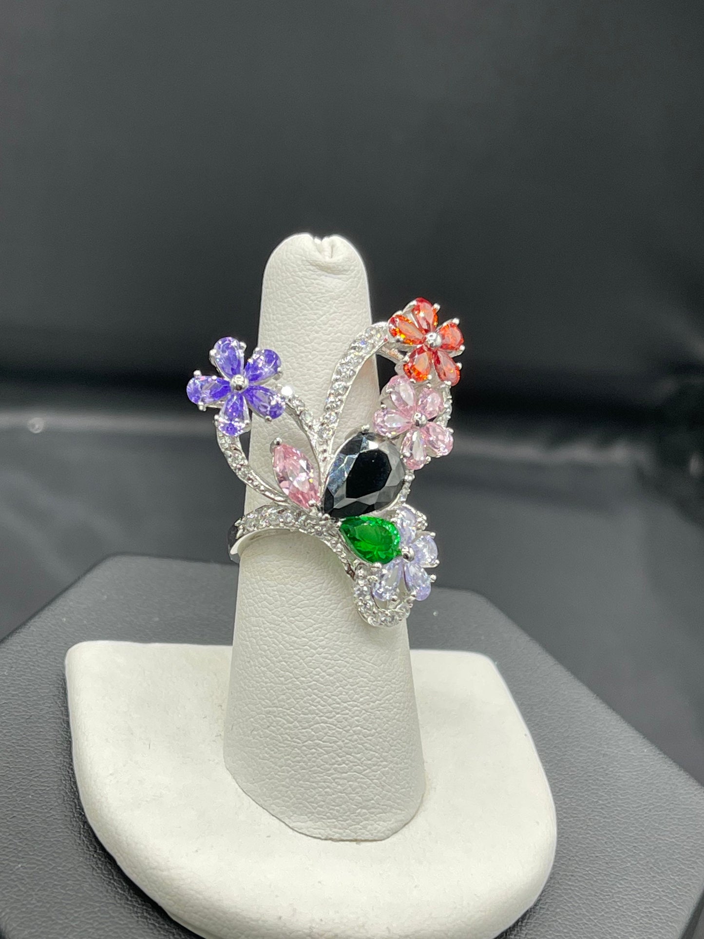 Multi Color Cubic Zirconia Sterling Silver Glam Ring (Size 7.5)