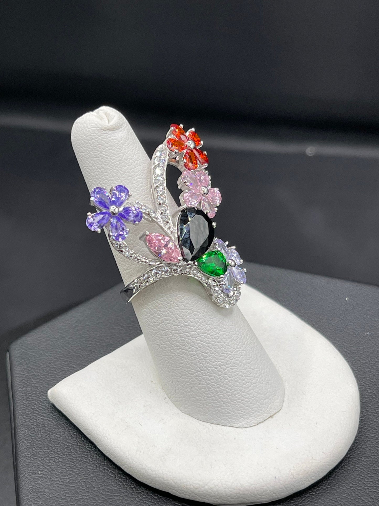 Multi Color Cubic Zirconia Sterling Silver Glam Ring (Size 7.5)