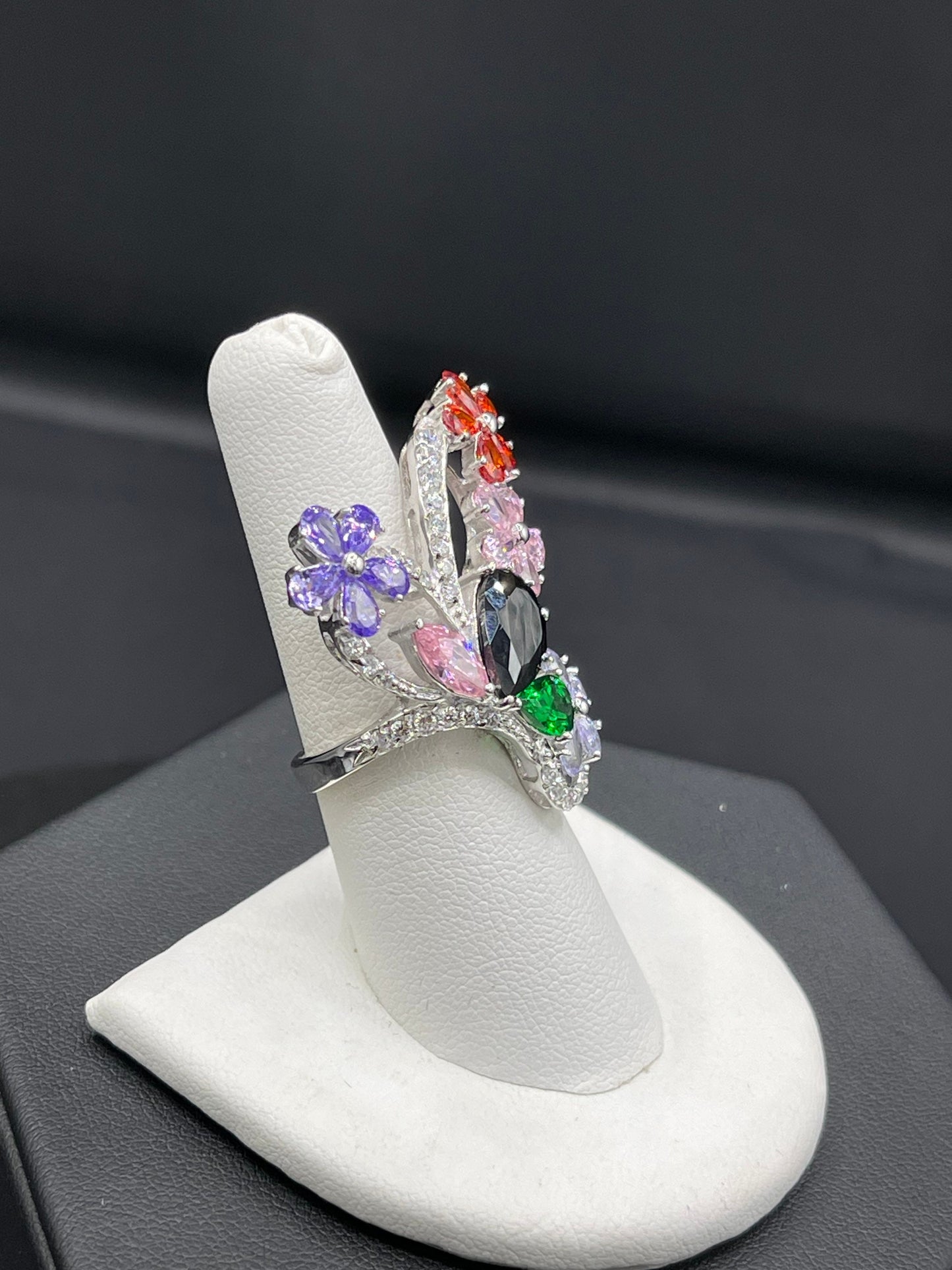 Multi Color Cubic Zirconia Sterling Silver Glam Ring (Size 7.5)