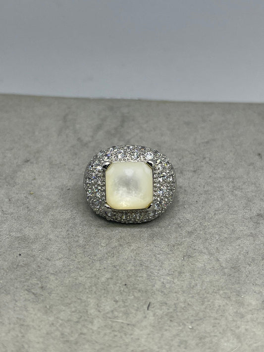 Mother Of Pearl & Cubic Zirconia Sterling Silver Ring (Size 7)