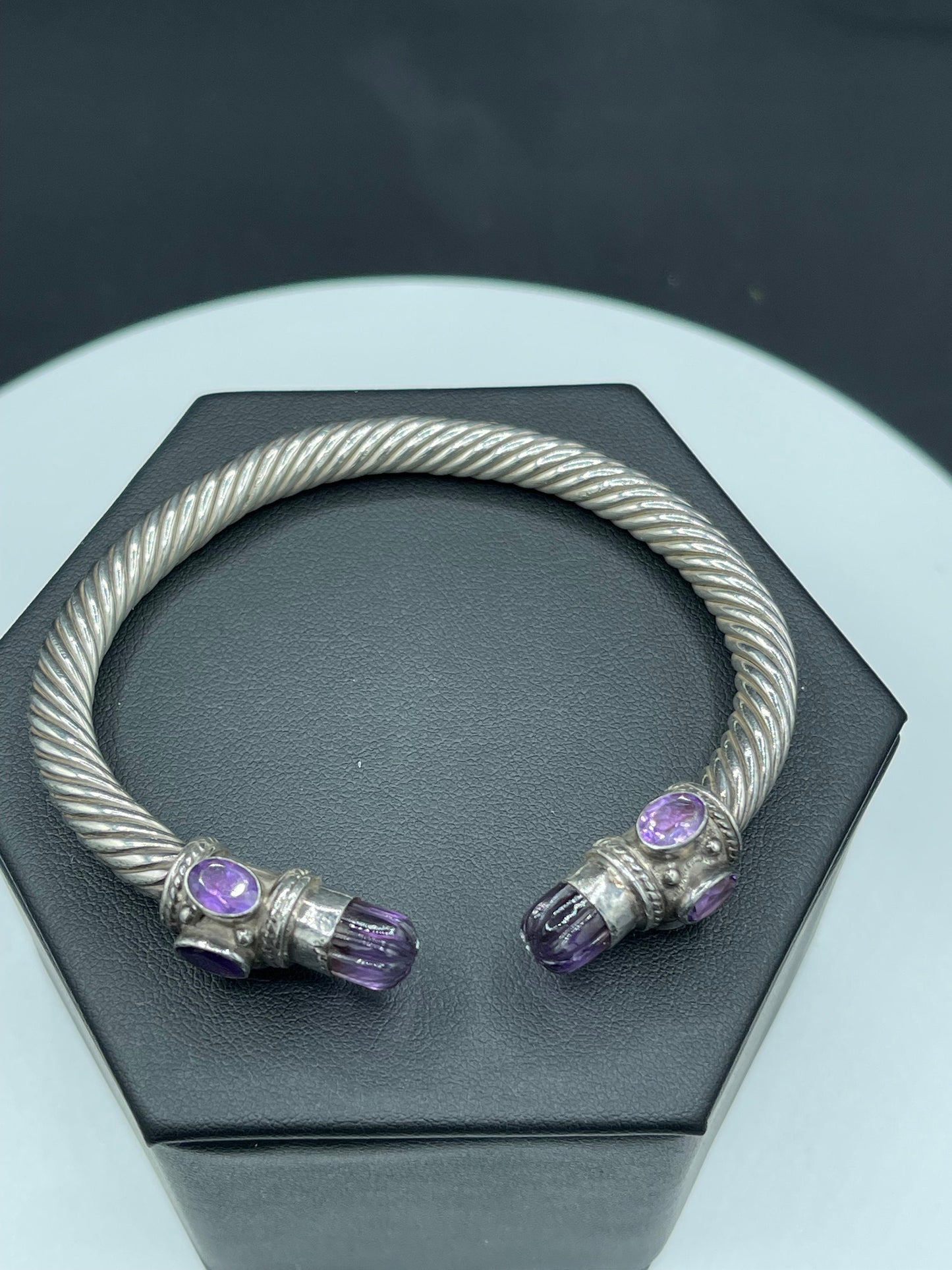 Amethyst Sterling Silver Cable Bangle Adjustable Bracelet