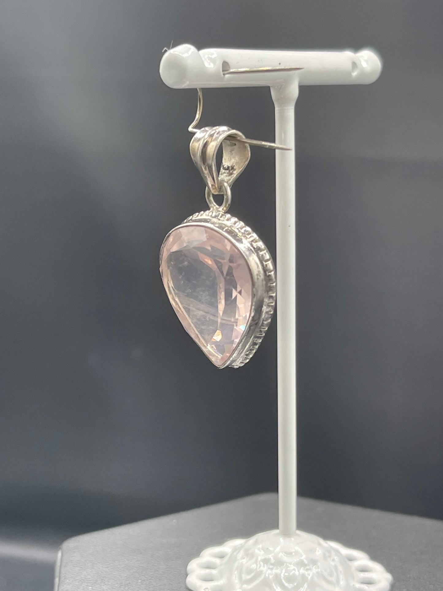 19 Carat Natural Rose Quartz Trillion Cut Sterling Silver Pendant
