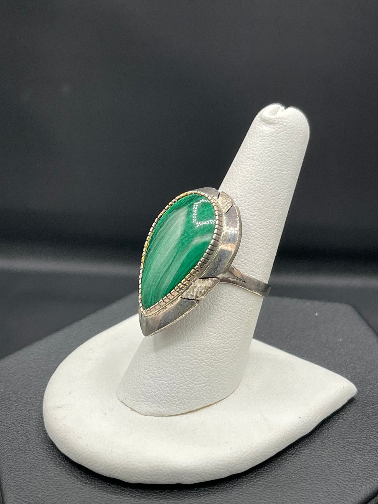 Pear Malachite Sterling Silver Ring (Size 7.5)