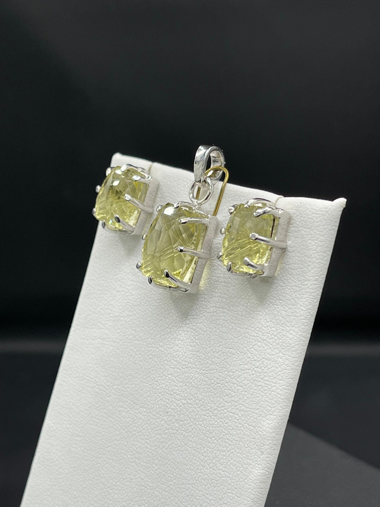 Natural Green Amethyst Sterling Silver Earrings & Pendant Set