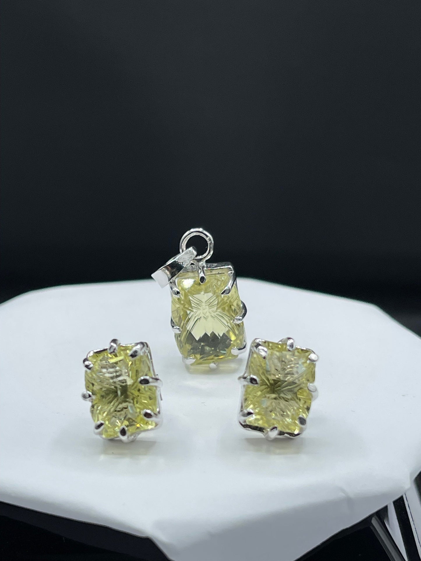 Natural Green Amethyst Sterling Silver Earrings & Pendant Set