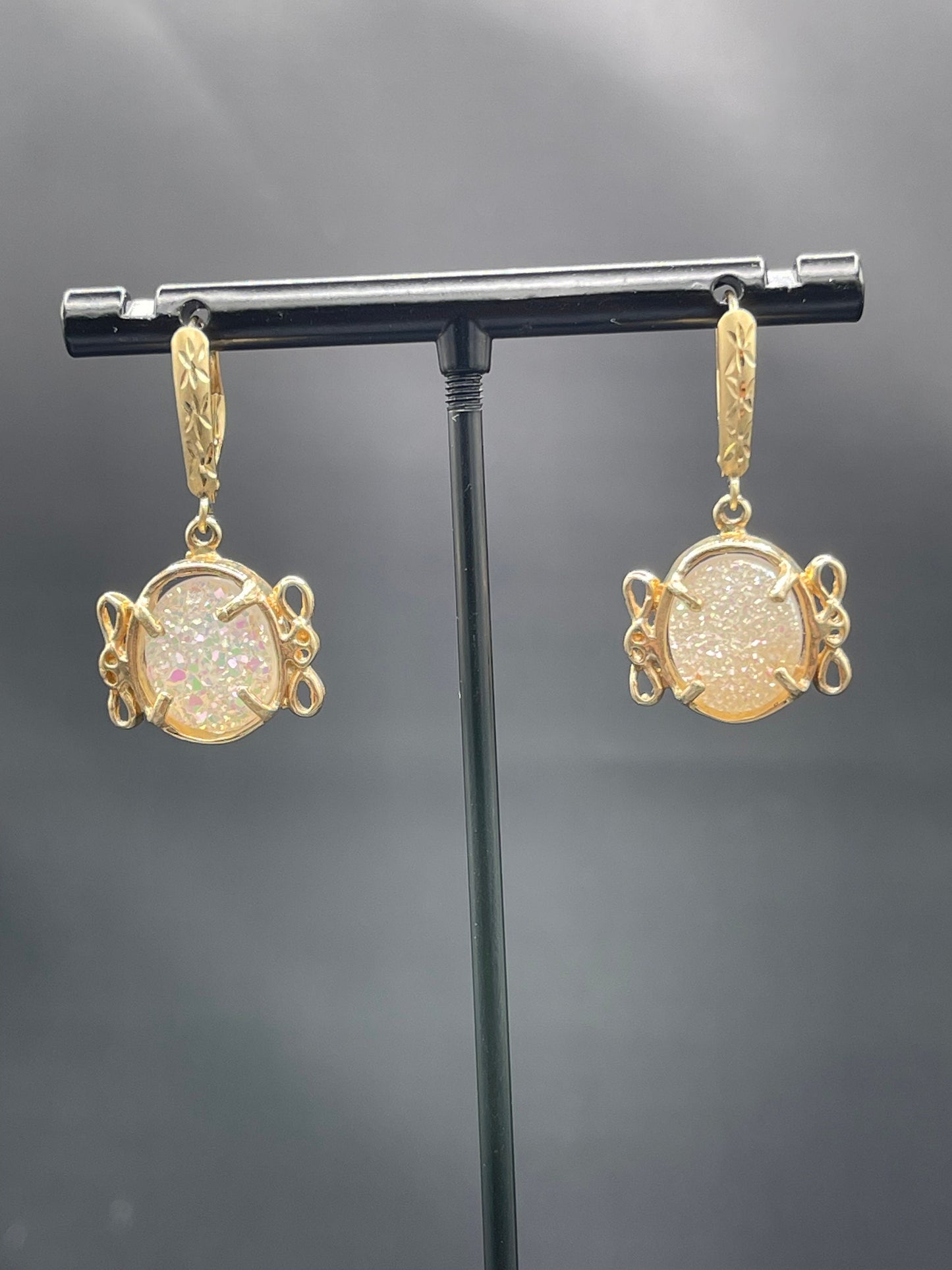White Druzy Quartz 14k Yellow Gold French Lever Backs Earrings