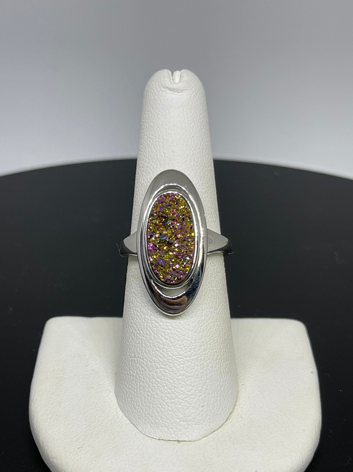 Moody Pink Druzy Quartz Bezel Set Sterling Silver Ring (Size 6.5)