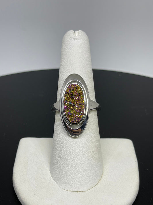 Moody Pink Druzy Quartz Bezel Set Sterling Silver Ring (Size 6.5)