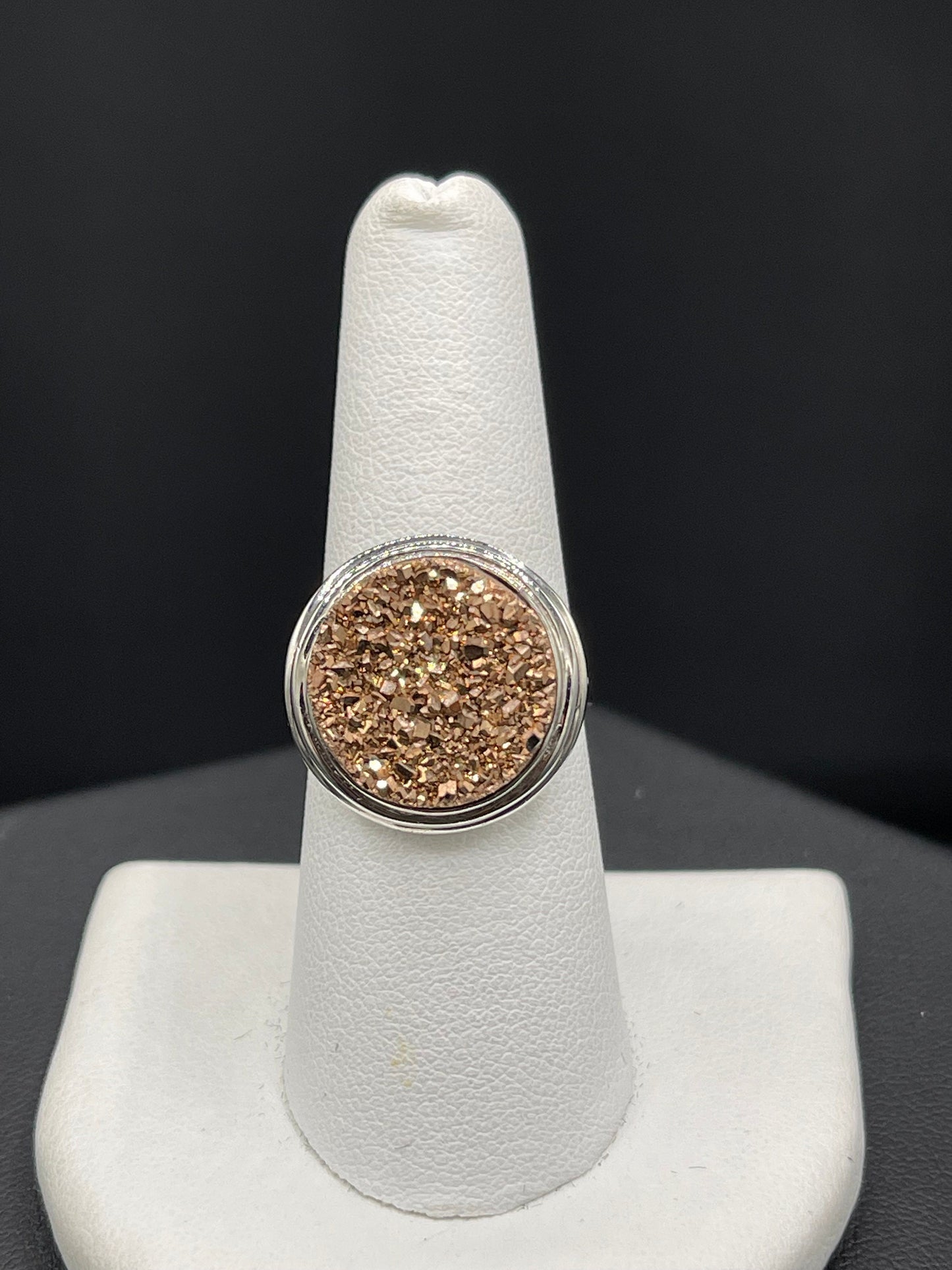 Gold Druzy Quartz Bezel Set Sterling Silver Ring (Size 7)