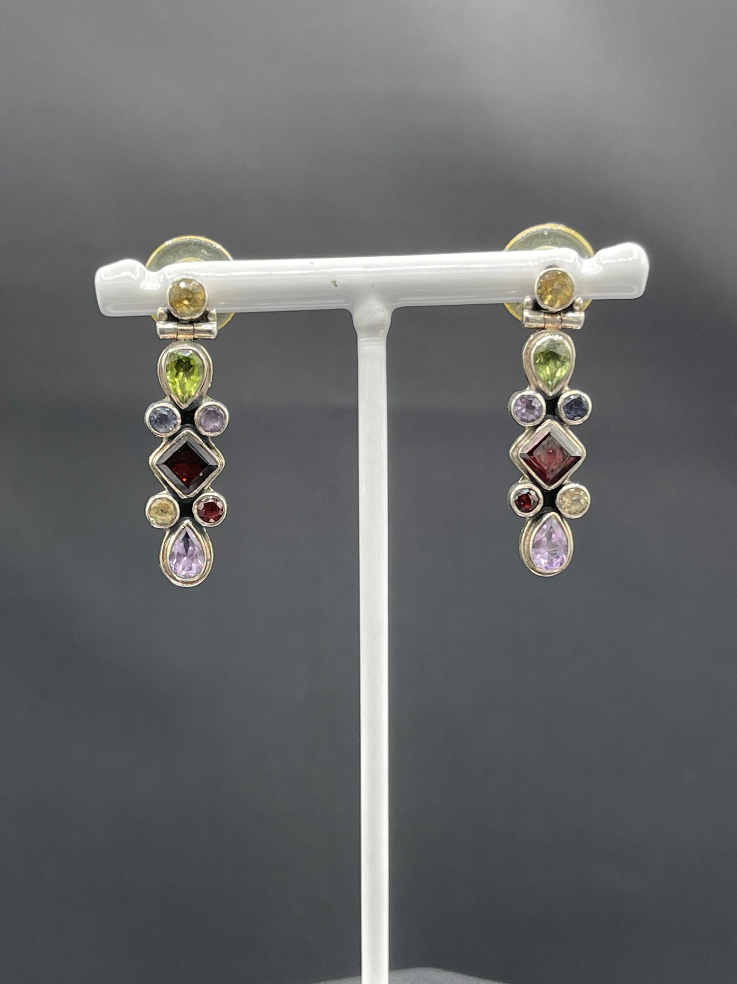 Natural Amethyst Citrine Garnet Peridot & Iolite Sterling Silver Dangle Earrings