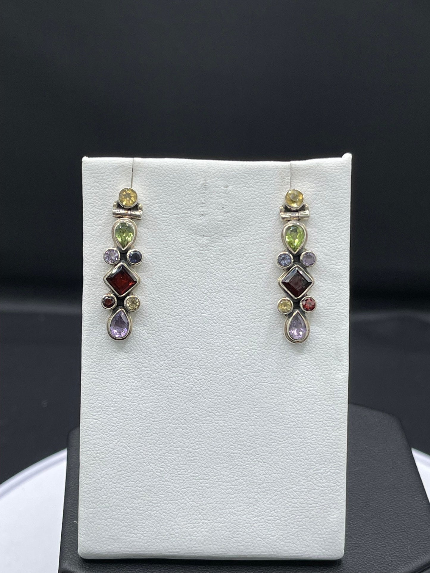 Natural Amethyst Citrine Garnet Peridot & Iolite Sterling Silver Dangle Earrings