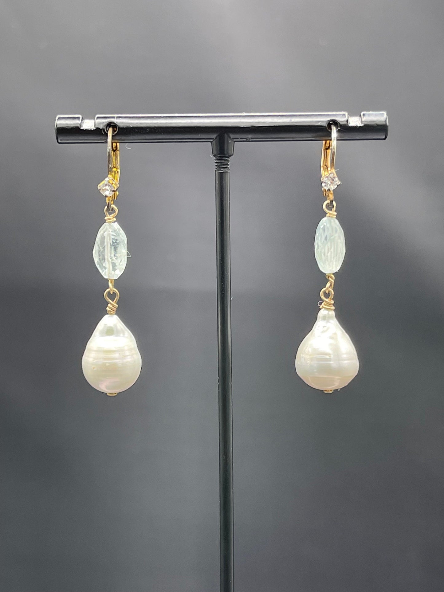 Natural Aquamarine Freshwater Pearl White Topaz Sterling Silver Dangle Earrings
