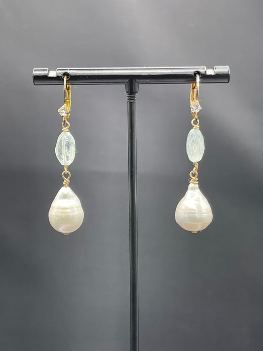 Natural Aquamarine Freshwater Pearl White Topaz Sterling Silver Dangle Earrings