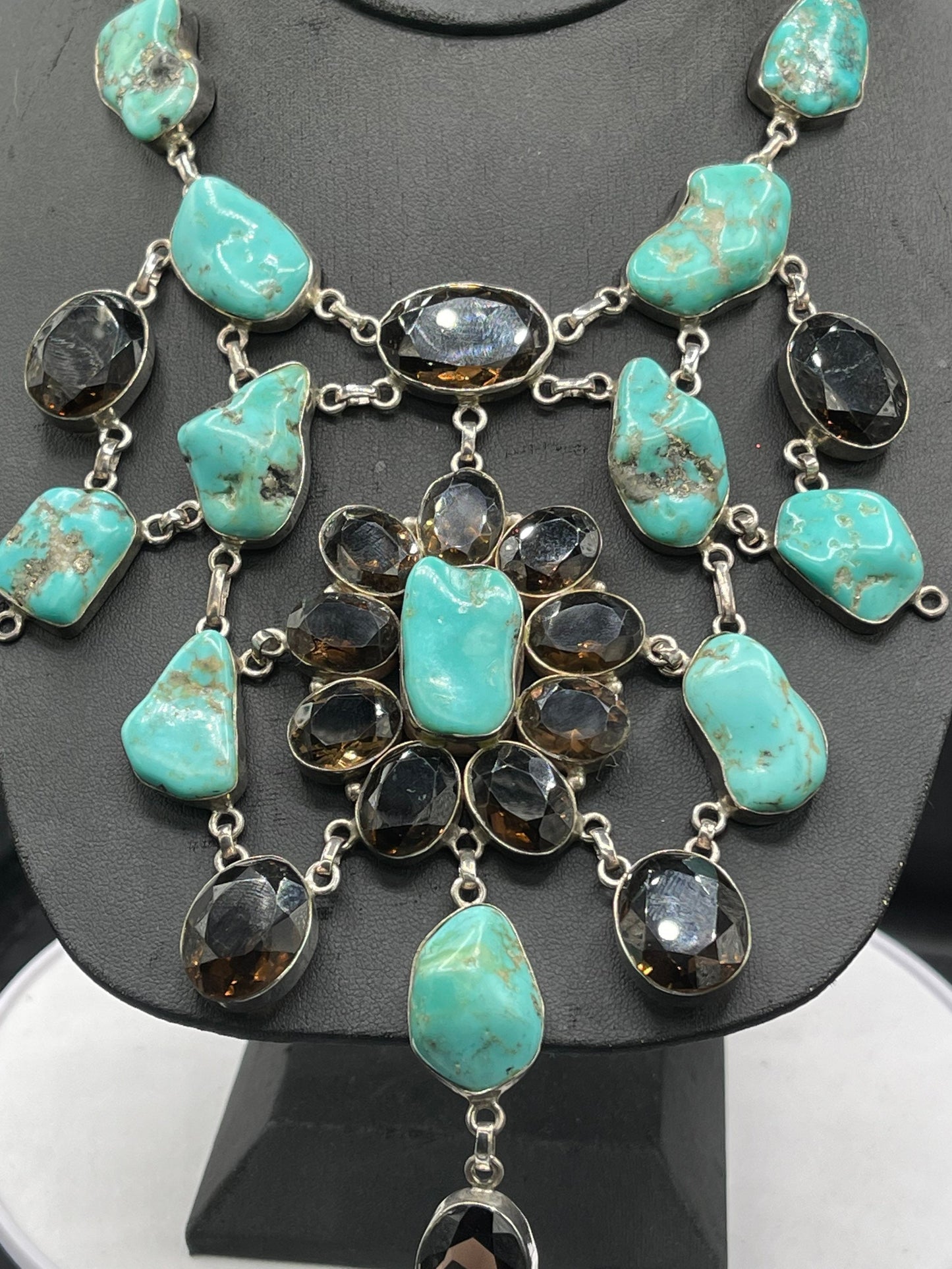 Natural Turquoise & Smokey Quartz Sterling Silver Adjustable Bib Necklace