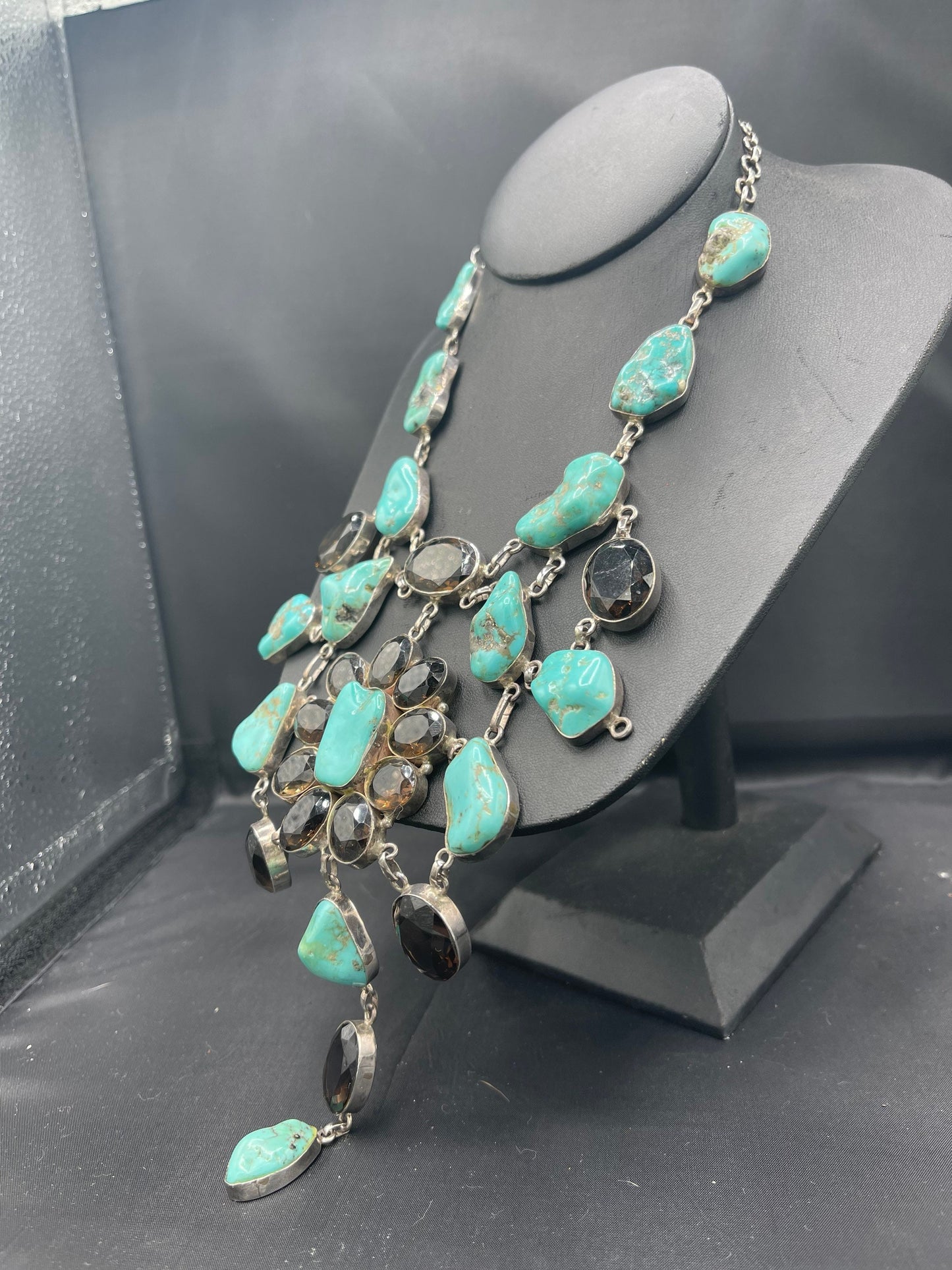 Natural Turquoise & Smokey Quartz Sterling Silver Adjustable Bib Necklace