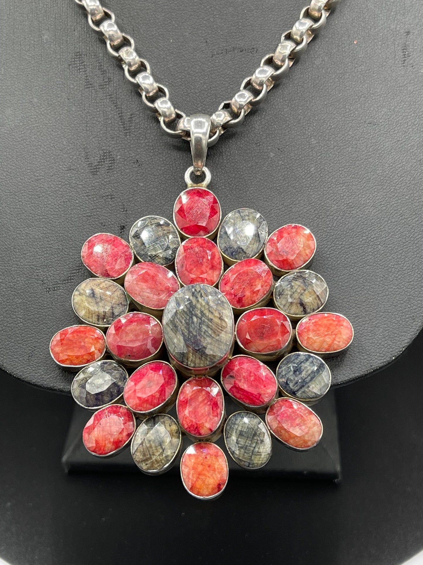 Natural Dyed Ruby & Sapphire Sterling Silver Medallion Rollo Link Chain Necklace