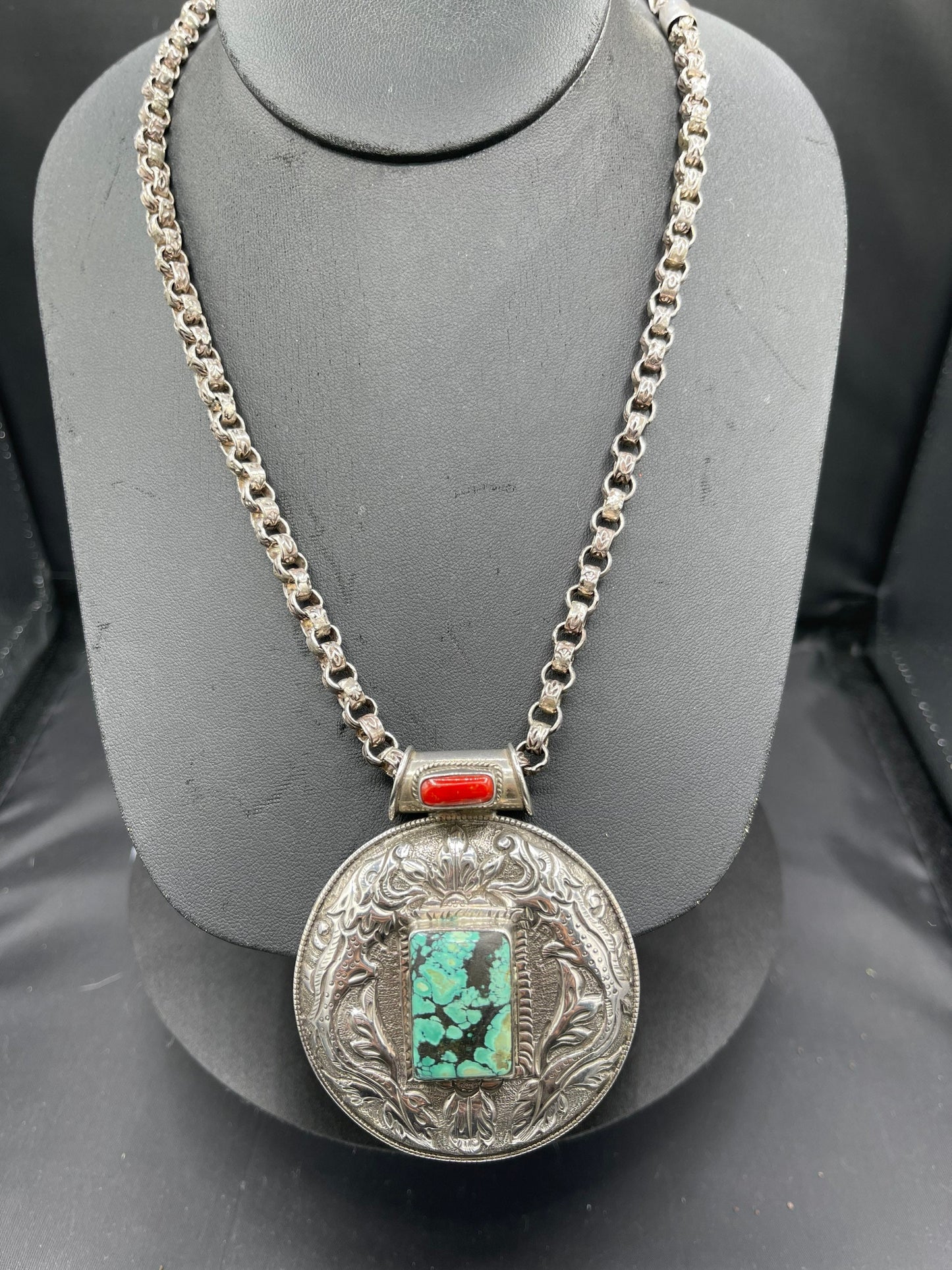 Natural Turquoise & Italian Red Coral Medallion Sterling Silver Handmade Necklace