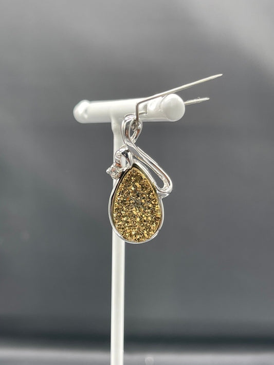 Gold Druzy Quartz White Topaz Sterling Silver Pendant