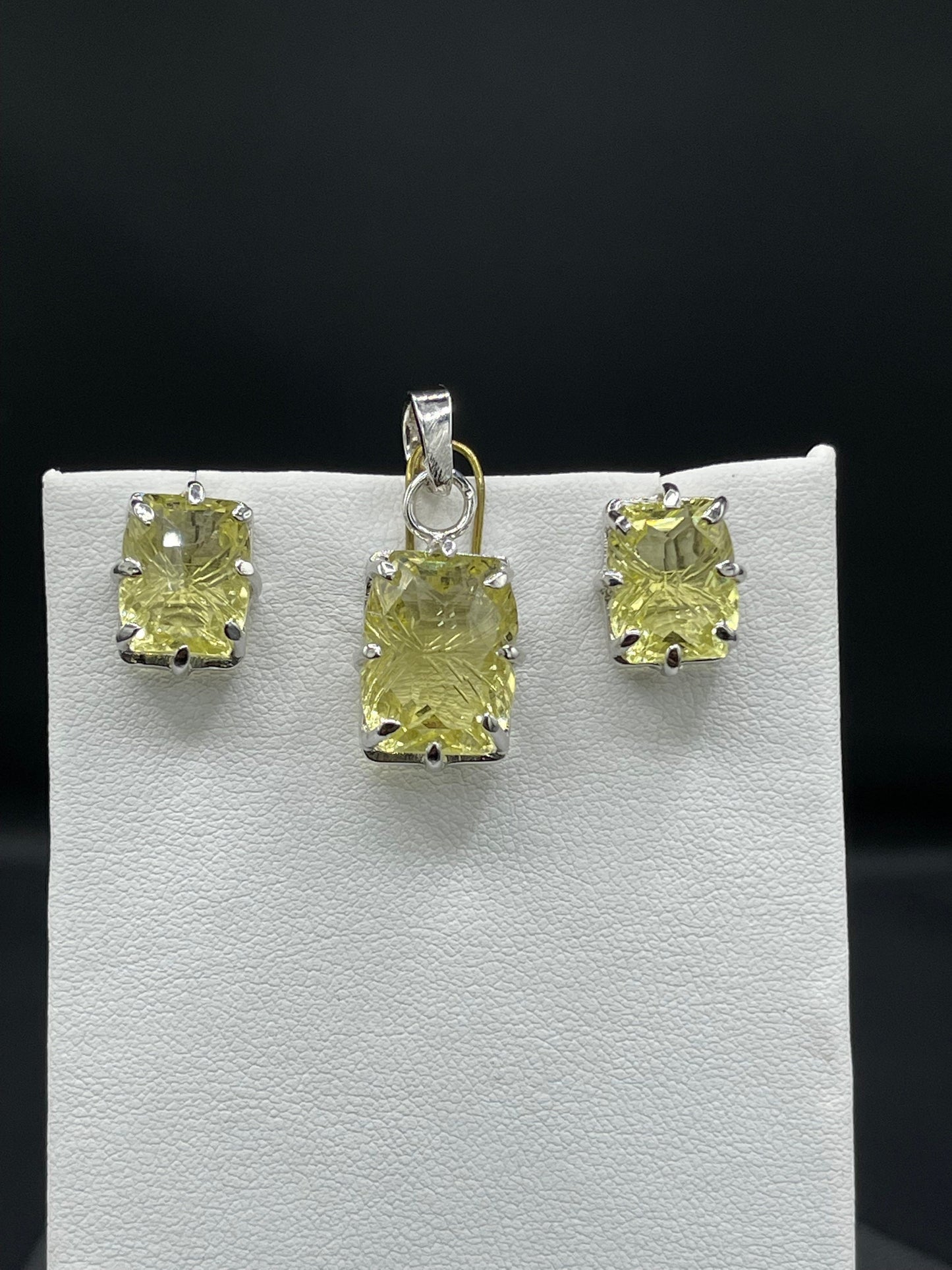Natural Green Amethyst Sterling Silver Earrings & Pendant Set