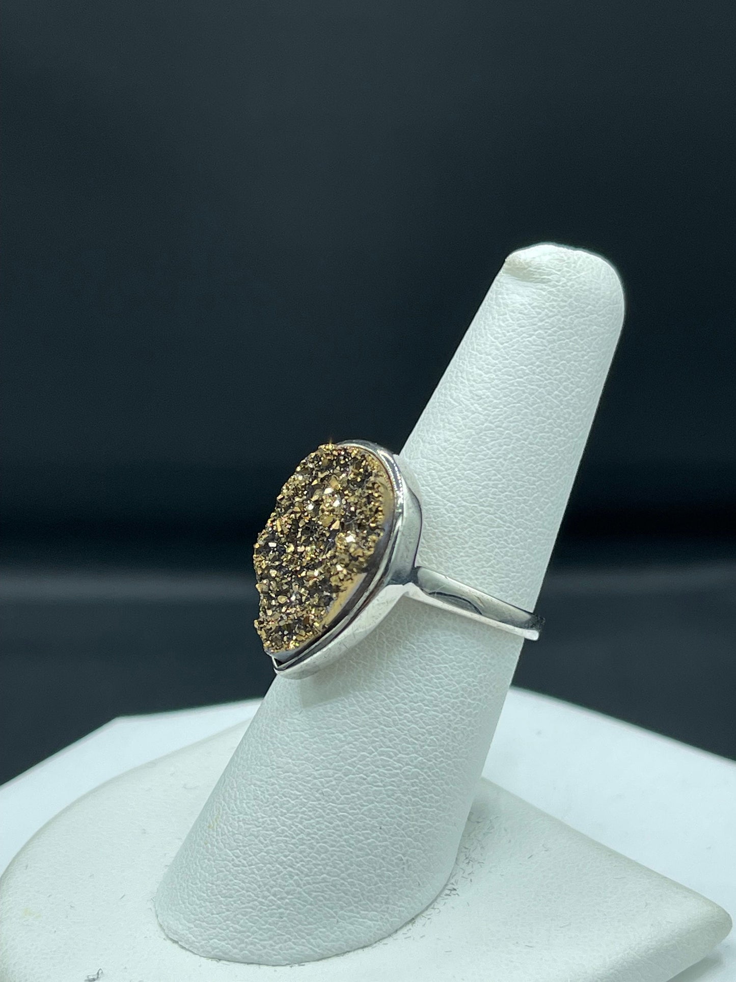 Pear Gold Druzy Quartz Sterling Silver Ring (Size 6.5)