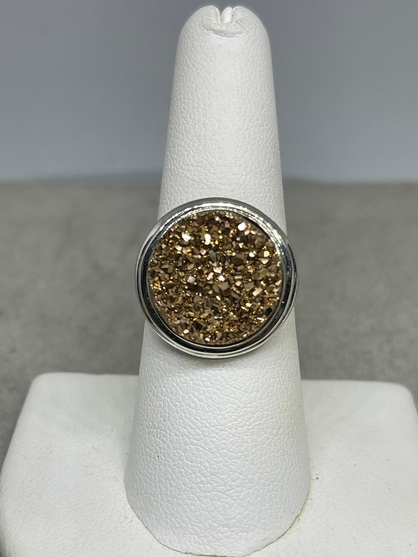 Gold Druzy Quartz Bezel Set Sterling Silver Ring (Size 7)