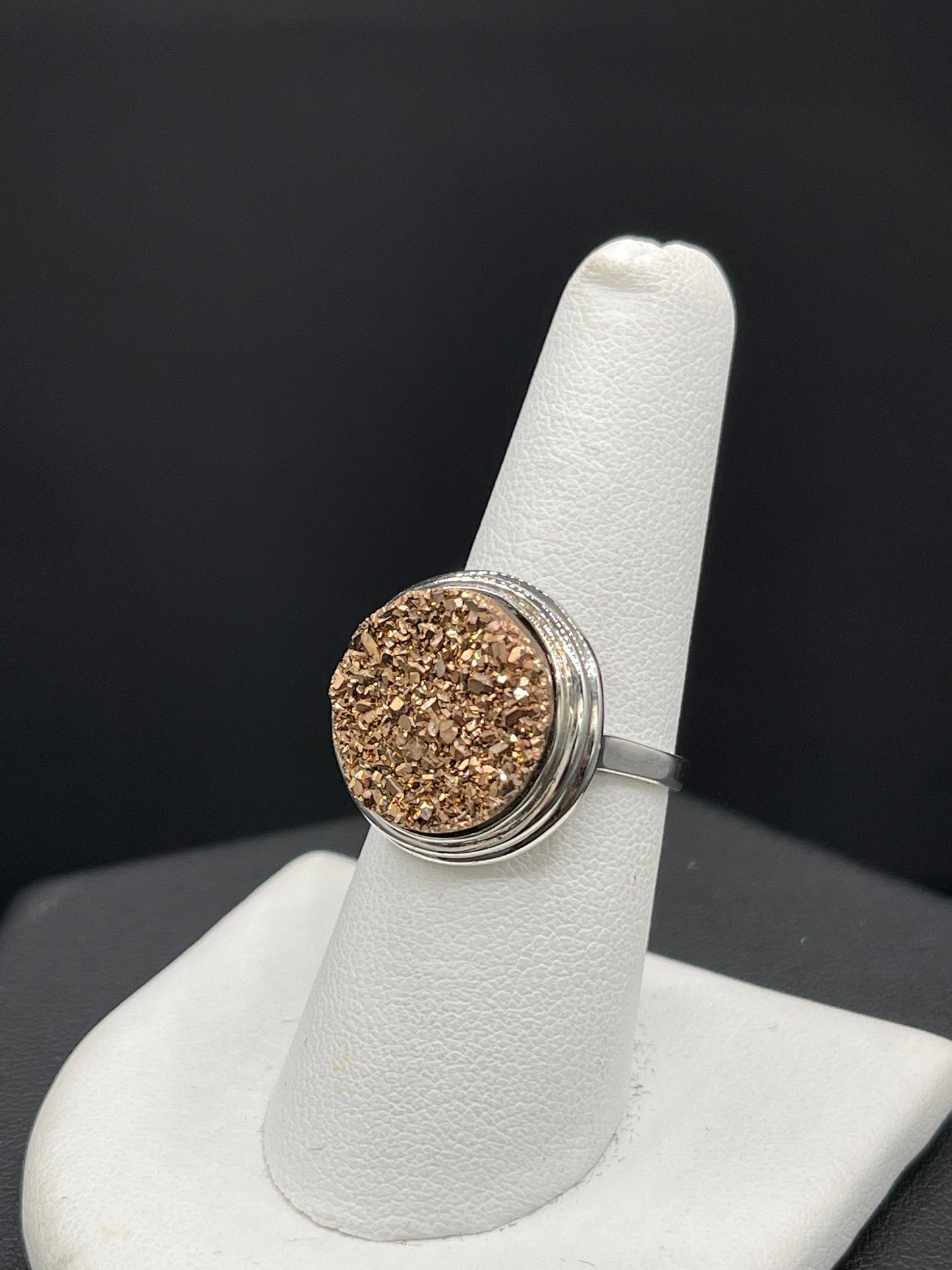 Gold Druzy Quartz Bezel Set Sterling Silver Ring (Size 7)