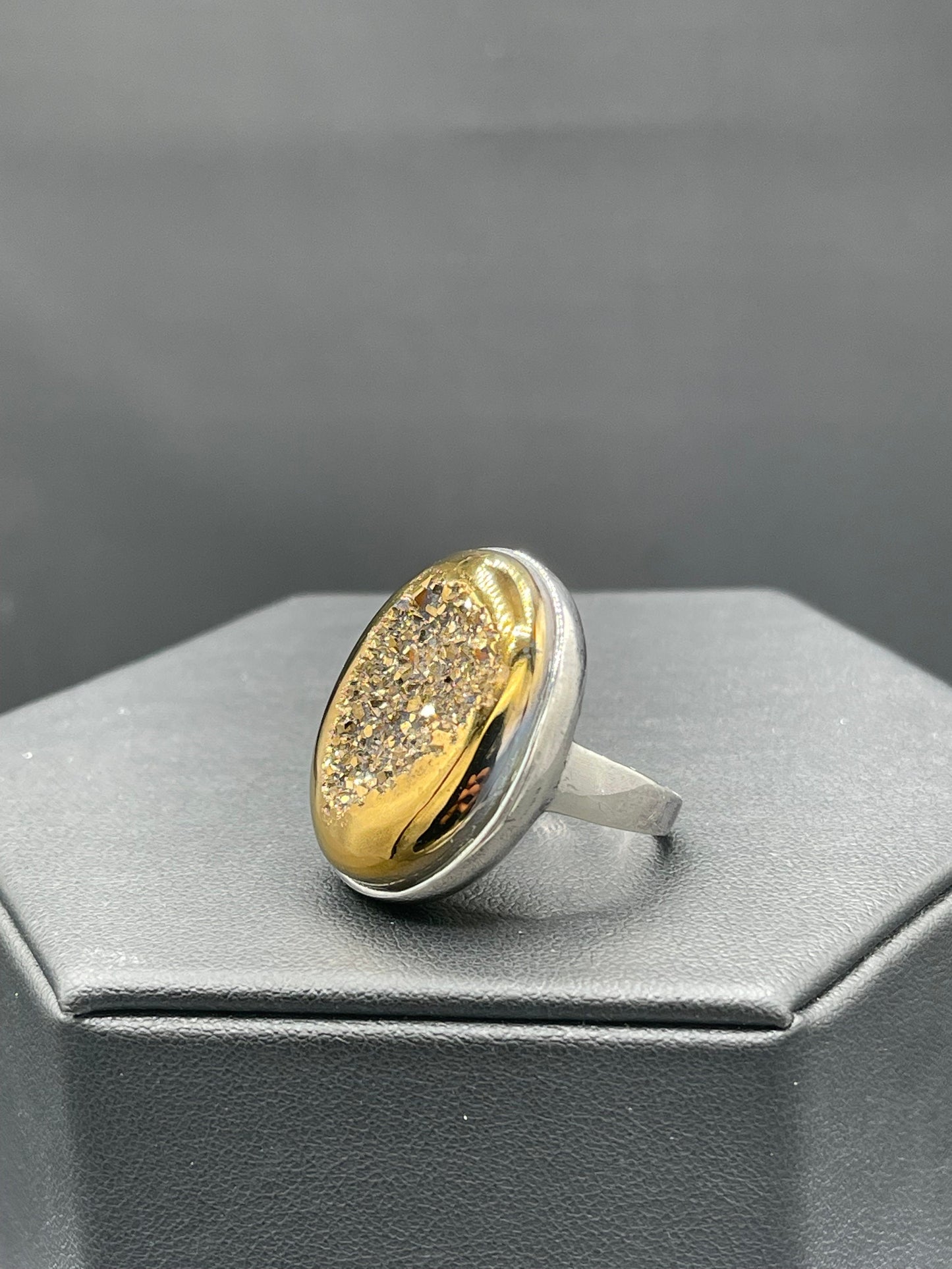 Gold Druzy Quartz Sterling Silver Ring (Size 7.25)