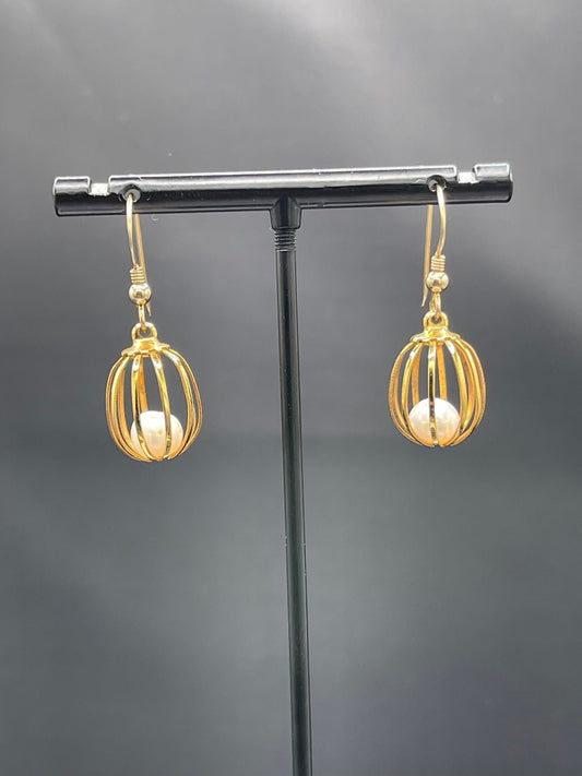 Natural Freshwater Pearl 14k Gold Filled Handmade Cage Dangle Earrings