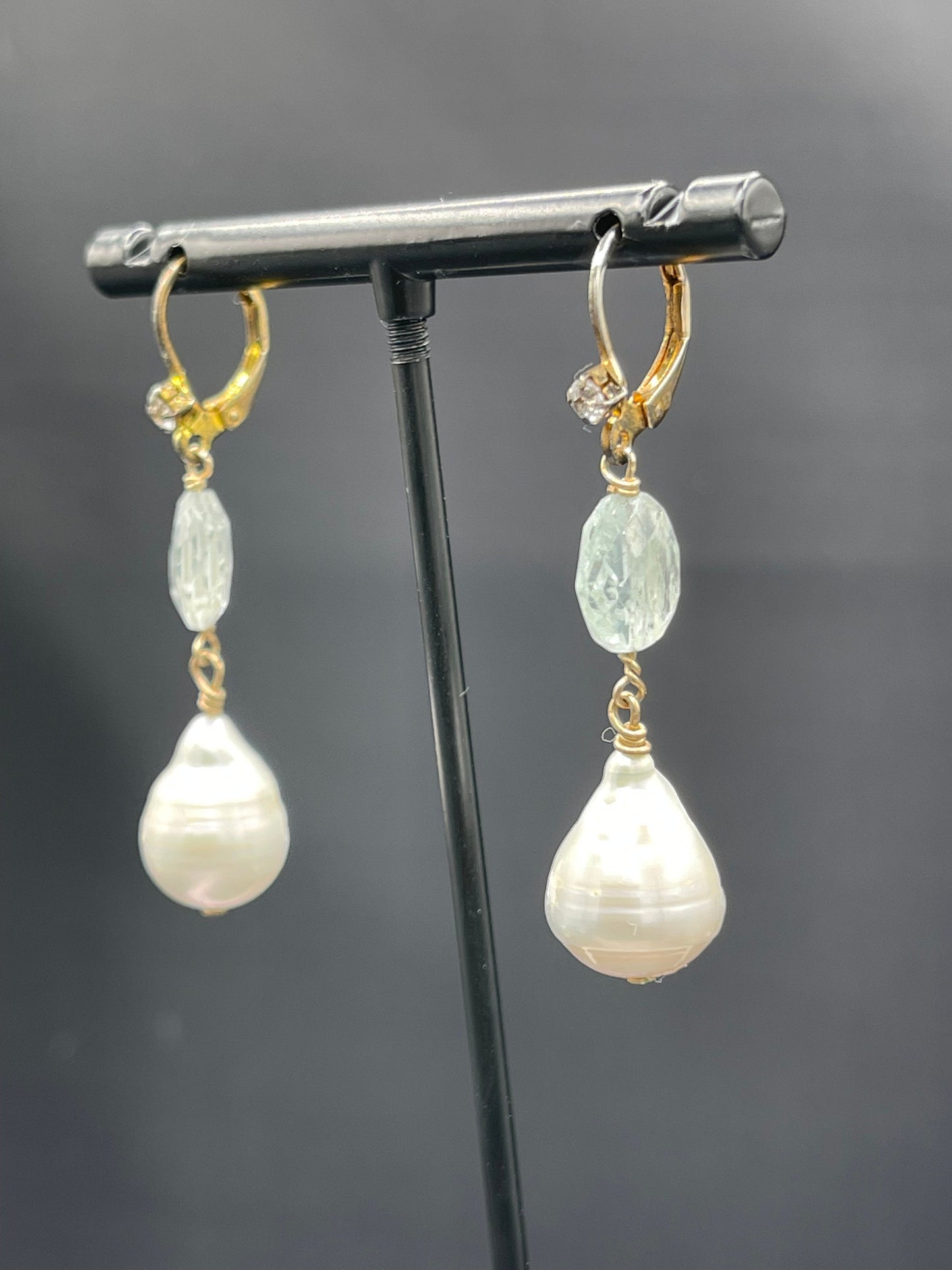 Natural Aquamarine Freshwater Pearl White Topaz Sterling Silver Dangle Earrings