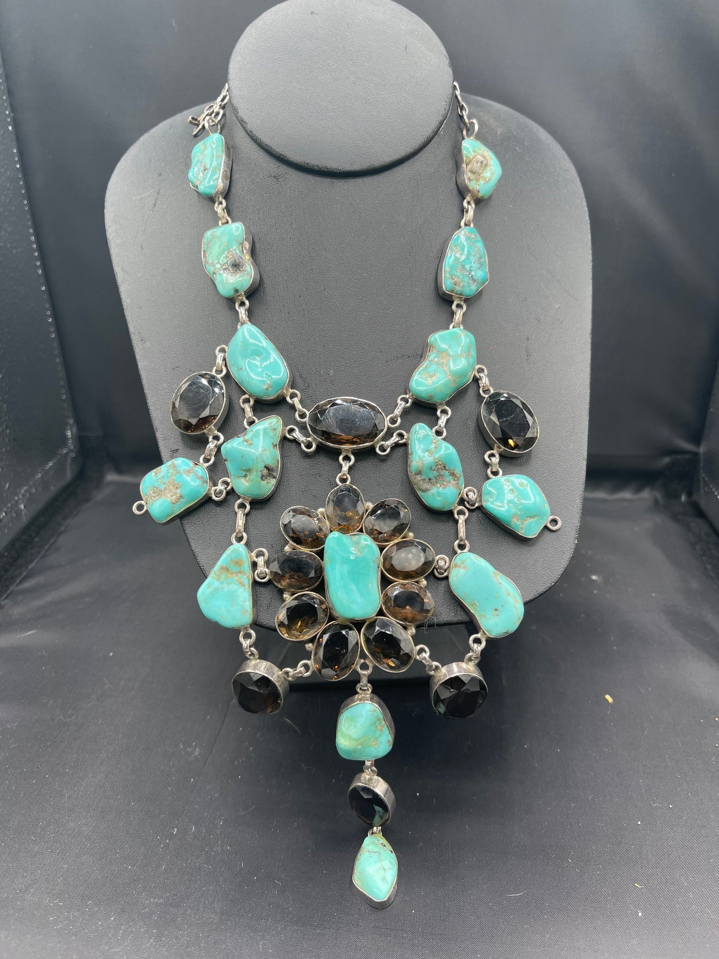 Natural Turquoise & Smokey Quartz Sterling Silver Adjustable Bib Necklace