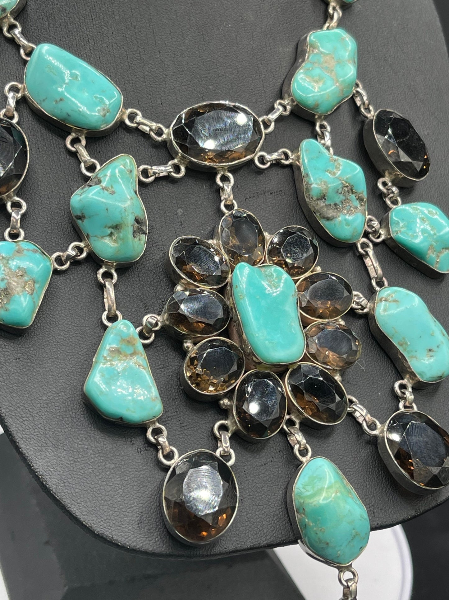 Natural Turquoise & Smokey Quartz Sterling Silver Adjustable Bib Necklace