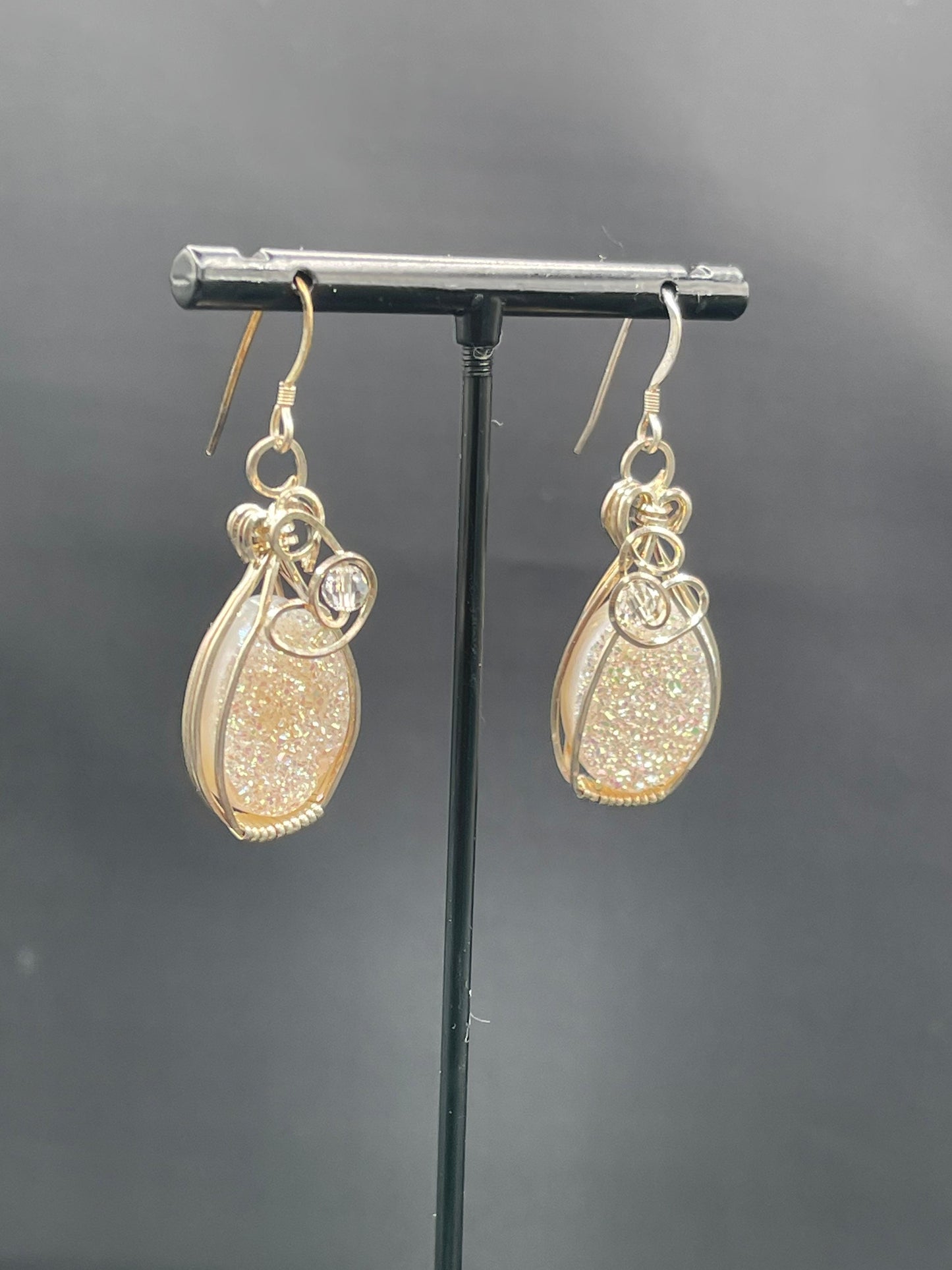 White Druzy Quartz Sterling Silver Wire Wrapped Dangle Earrings