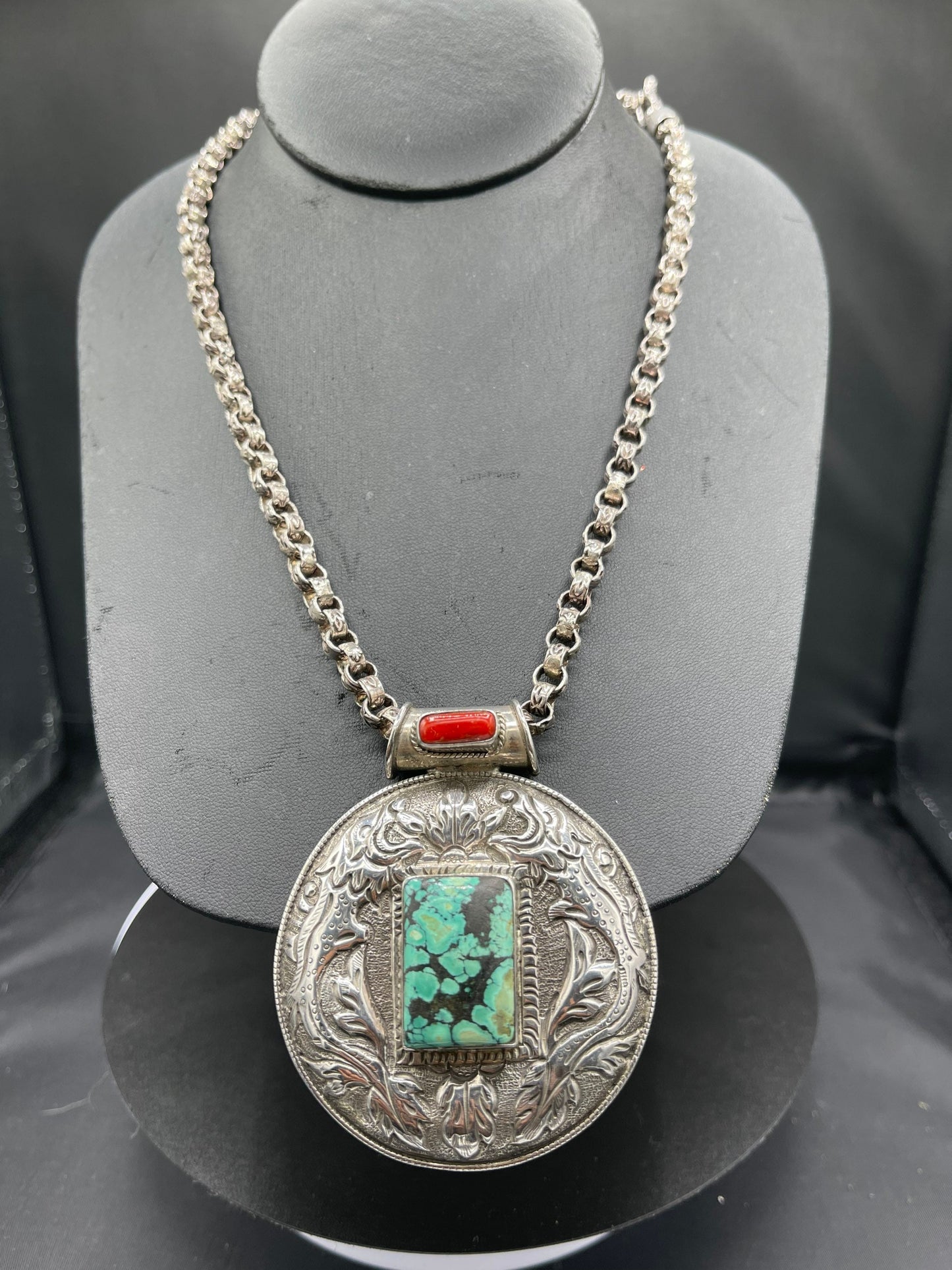 Natural Turquoise & Italian Red Coral Medallion Sterling Silver Handmade Necklace