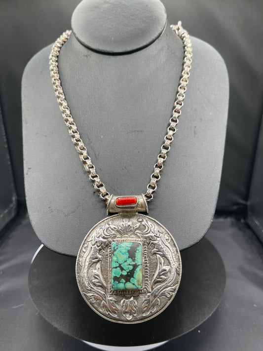 Natural Turquoise & Italian Red Coral Medallion Sterling Silver Handmade Necklace
