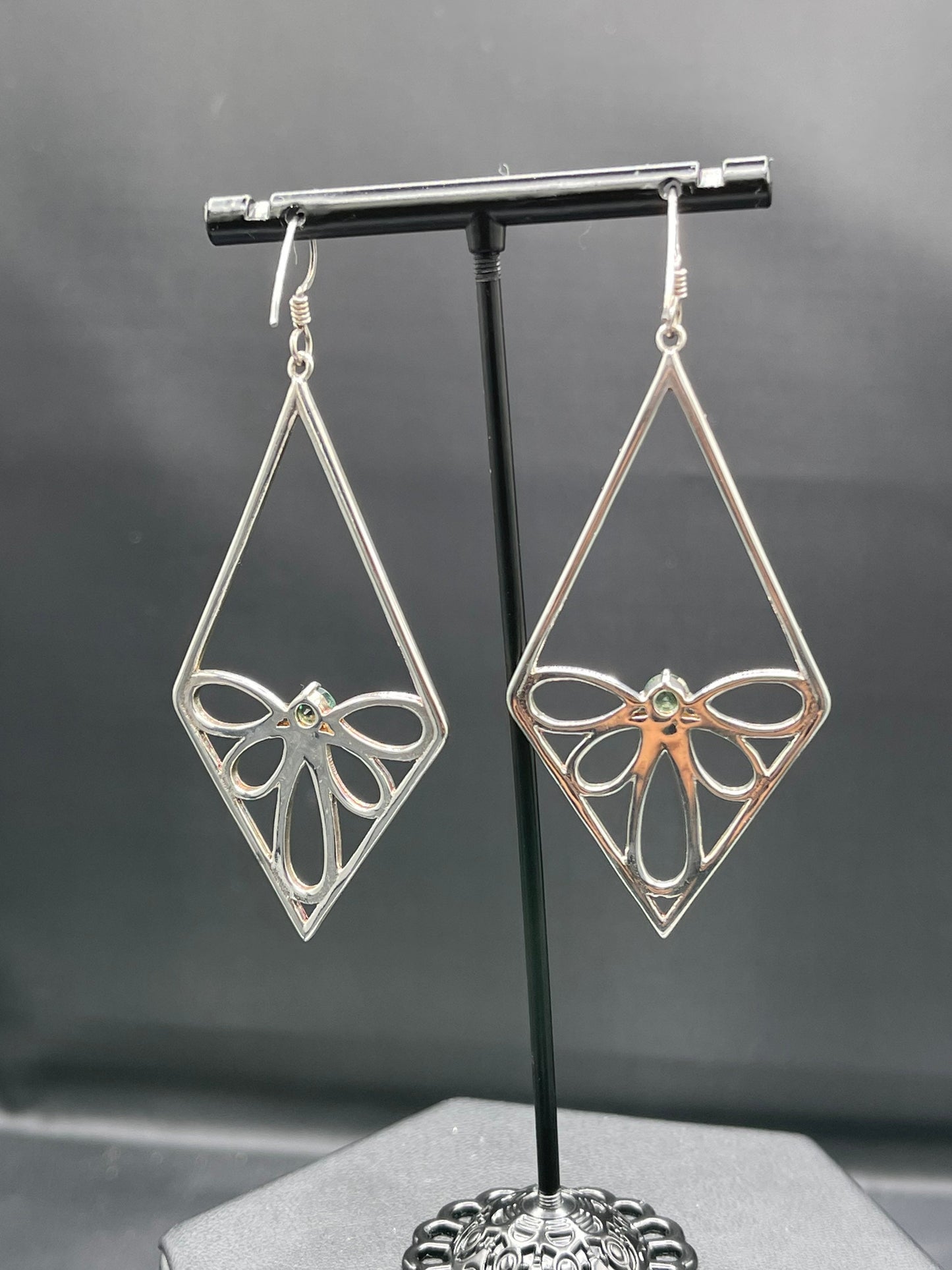 Large Green Quartz Sterling Silver Butterfly Dangle Earrings