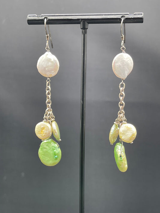 Natural Freshwater Coin Pearl Sterling Silver Dangle Earrings
