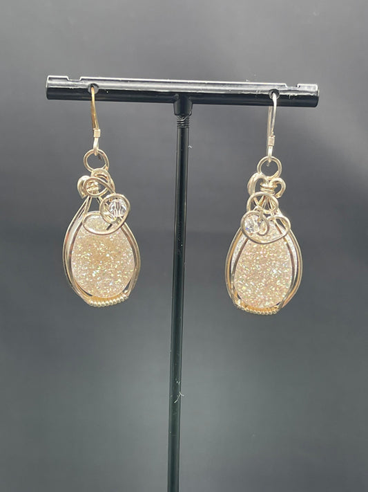 White Druzy Quartz Sterling Silver Wire Wrapped Dangle Earrings
