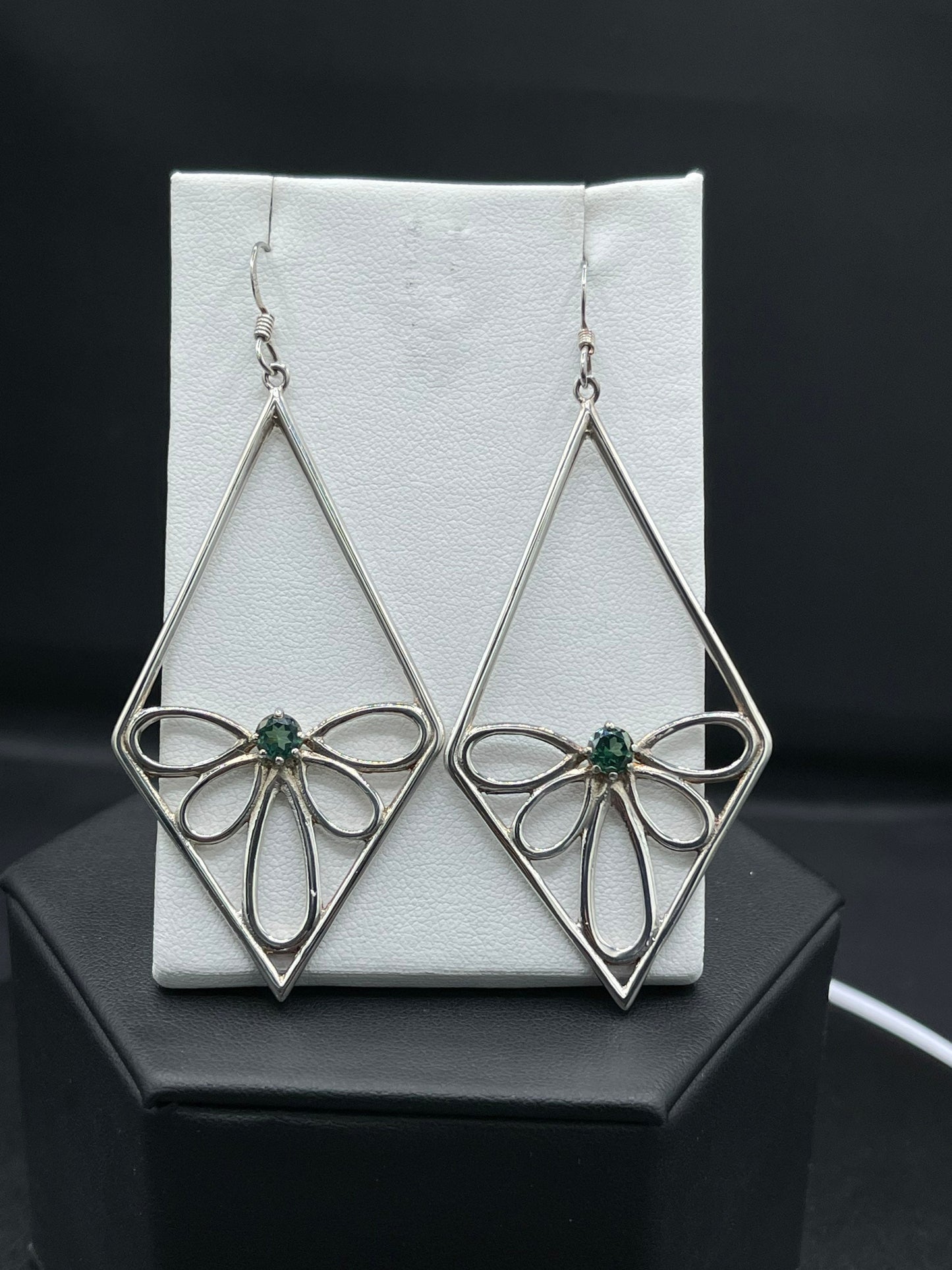 Large Green Quartz Sterling Silver Butterfly Dangle Earrings